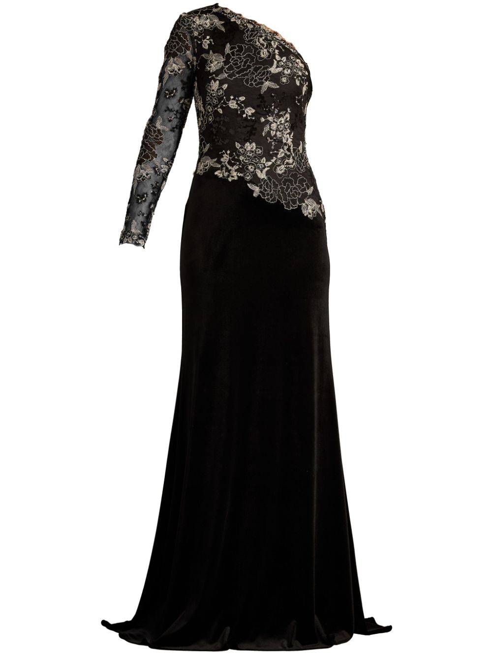 Tadashi Shoji Pisa Embroidered Tulle one-sleeve gown - Black von Tadashi Shoji