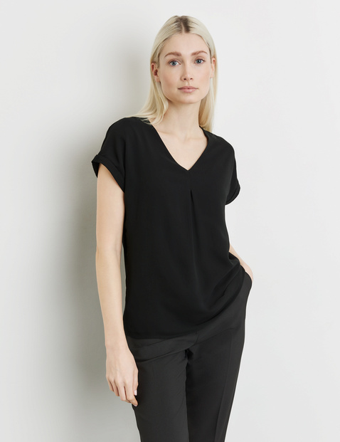 TAIFUN Damen Blusenshirt mit Chiffon-Layer 64cm Kurzarm V-Ausschnitt Viskose Schwarz von Taifun