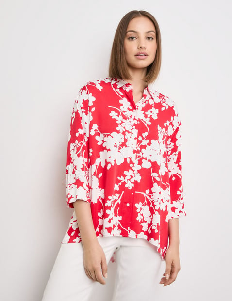 TAIFUN Damen 3/4 Arm Bluse mit Floralprint 74cm Hemdkragen Viskose Rot floral von Taifun