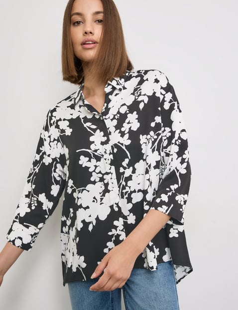 TAIFUN Damen 3/4 Arm Bluse mit Floralprint Viskose 74 cm Hemdkragen floral Schwarz von Taifun