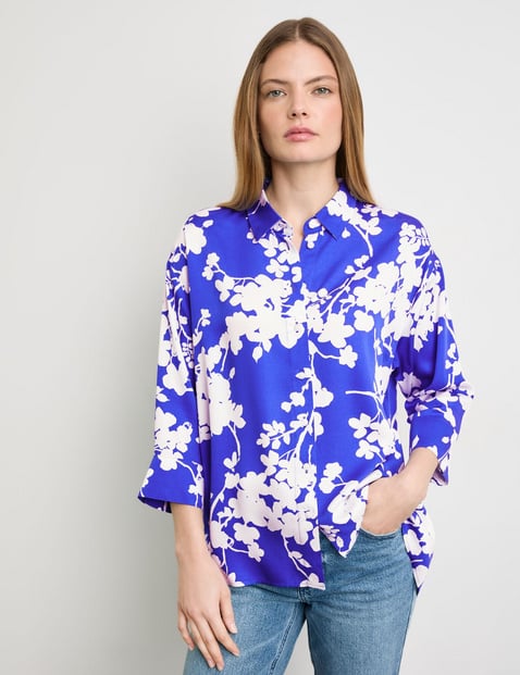 TAIFUN Damen 3/4 Arm Bluse mit Floralprint 74cm Hemdkragen Viskose Blau floral von Taifun