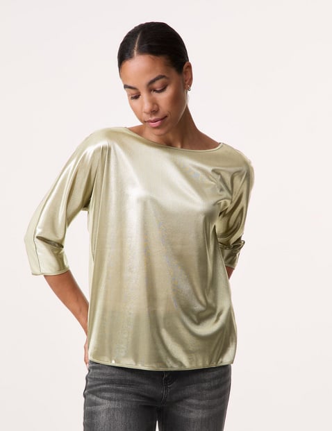 TAIFUN Damen 3/4 Arm Shirt mit Metallic-Optik 62cm U-Bootausschnitt Viskose Grün von Taifun