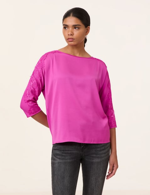 TAIFUN Damen 3/4 Arm Shirt mit Satin und Spitze 62cm U-Bootausschnitt, Pink von Taifun