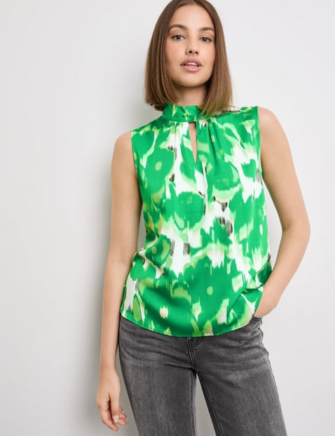 TAIFUN Damen Ärmellose Bluse mit Alloverprint 58cm Stehkragen Viskose Grün gemustert von Taifun