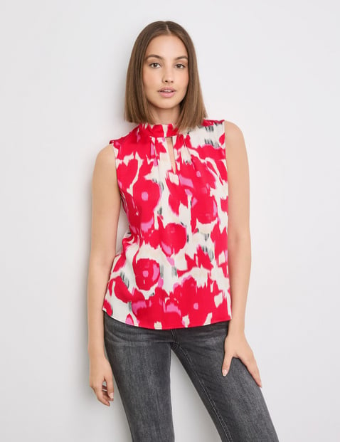 TAIFUN Damen Ärmellose Bluse mit Alloverprint 58cm Stehkragen Viskose Rot gemustert