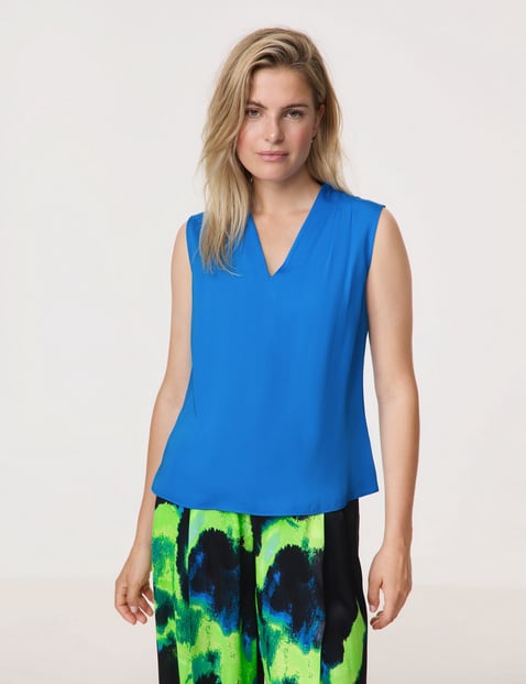 TAIFUN Damen Ärmellose Bluse mit V-Ausschnitt 58cm Kelchkragen Blau von Taifun