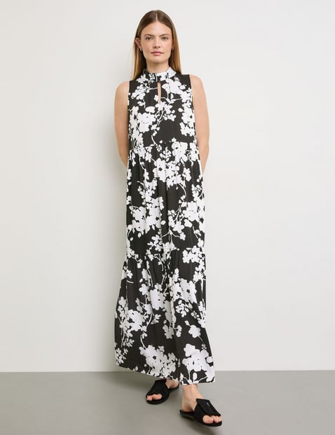 TAIFUN Damen Ausgestelltes Stufenkleid mit Floralprint Ärmellos Stehkragen Viskose Schwarz floral von Taifun