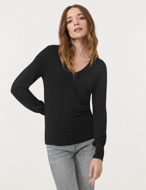 TAIFUN Damen Basic Pullover mit V-Ausschnitt Langarm Viskose Schwarz von Taifun