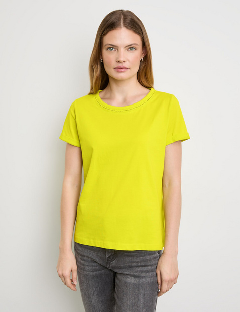 TAIFUN Damen Basic T-Shirt Baumwolle 62 cm Bluse Rundhals Kurzarm unifarben Gelb von Taifun