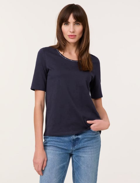 TAIFUN Damen Basic T-Shirt mit Schmuckblende Baumwolle 62 cm Rundhals Halber Arm unifarben Blau von Taifun