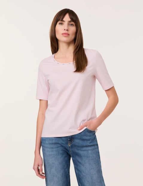 TAIFUN Damen Basic T-Shirt mit Schmuckblende 62 cm Rundhals Halber Arm unifarben Pink von Taifun