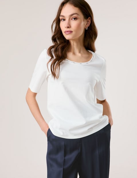 TAIFUN Damen Basic T-Shirt mit Schmuckblende Baumwolle 62 cm Rundhals Halber Arm unifarben Weiss von Taifun