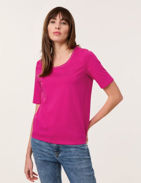 TAIFUN Damen Basic T-Shirt mit Schmuckblende Baumwolle 62 cm Rundhals Halber Arm unifarben Pink von Taifun