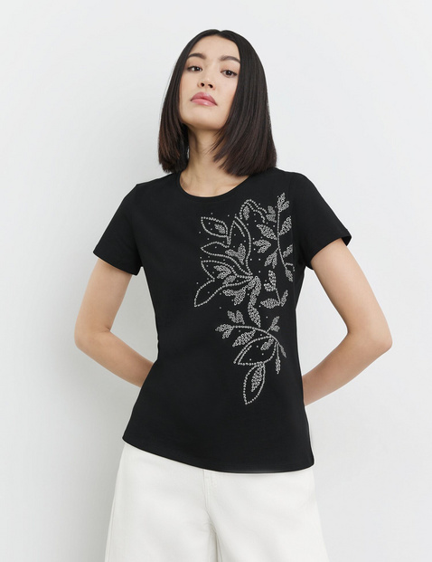 TAIFUN Damen Baumwoll-T-Shirt mit platziertem Print 62cm Kurzarm Rundhals Baumwolle Schwarz von Taifun