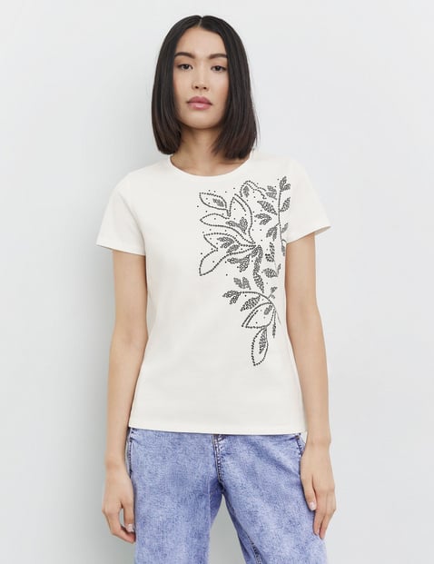 TAIFUN Damen Baumwoll-T-Shirt mit platziertem Print 62cm Kurzarm Rundhals Baumwolle Weiss von Taifun