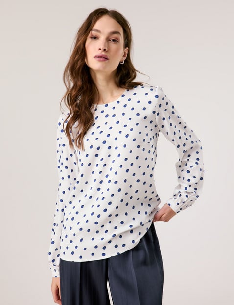 TAIFUN Damen Bluse mit Dots-Print Viskose 64 cm Rundhals Langarm gepunktet Weiss von Taifun