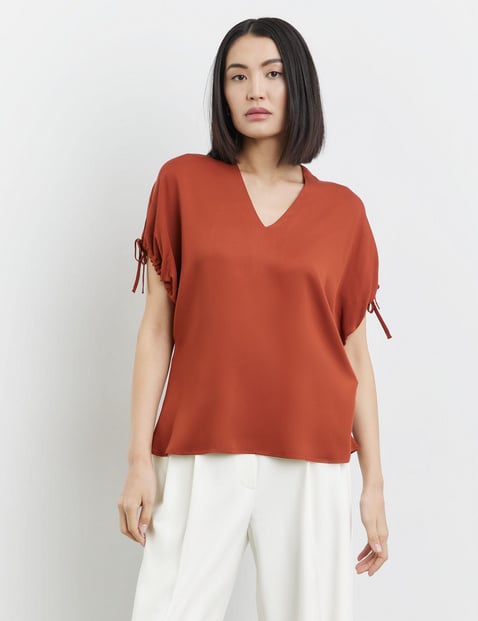 TAIFUN Damen Bluse mit gerafftem Kurzarm 56cm Kelchkragen Viskose Braun von Taifun