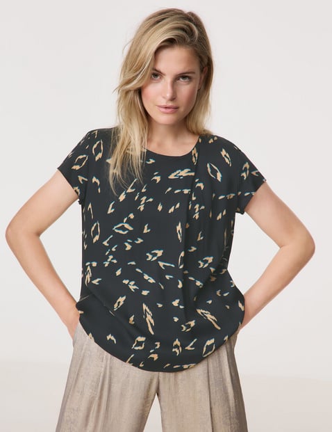TAIFUN Damen Blusenshirt mit Allover-Print 60cm Kurzarm Rundhals Viskose Schwarz gemustert von Taifun