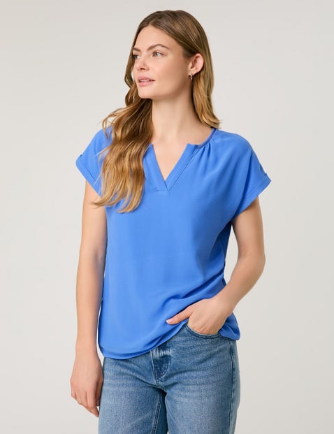 TAIFUN Damen Blusenshirt mit Chiffon-Overlayer Viskose 62 cm Rundhals Kurzarm unifarben Blau von Taifun