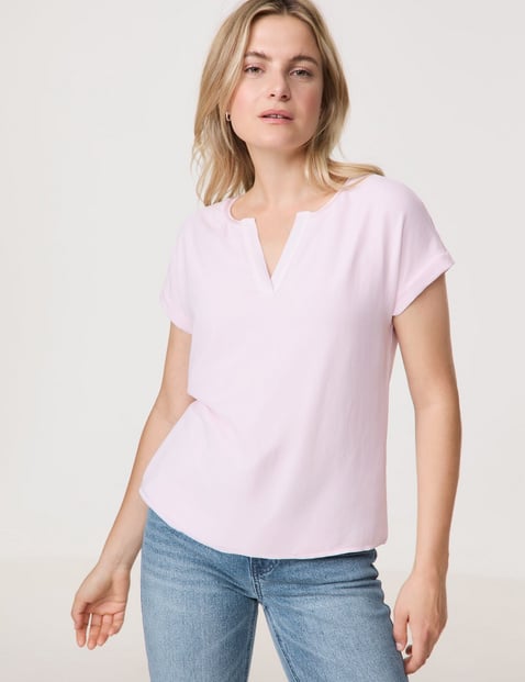 TAIFUN Damen Blusenshirt mit Chiffon-Overlayer 62cm Kurzarm Rundhals Viskose Pink von Taifun