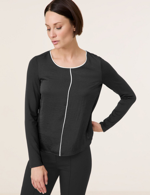 TAIFUN Damen Blusenshirt mit Kontrastleisten Viskose 60 cm Rundhals Langarm unifarben Schwarz von Taifun