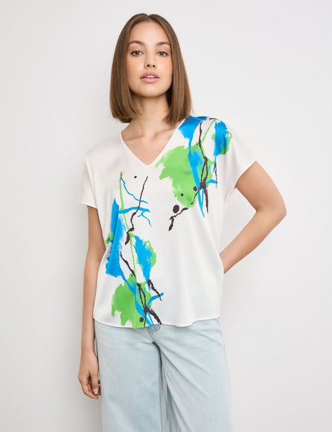 TAIFUN Damen Blusenshirt mit Material-Mix 64cm Kurzarm V-Ausschnitt Viskose Weiss gemustert von Taifun