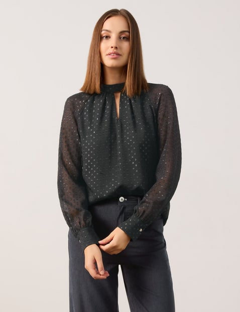 TAIFUN Damen Chiffonbluse mit Shiny-Dots 64cm Langarm Stehkragen Schwarz von Taifun