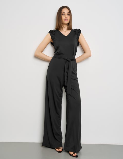 TAIFUN Damen Eleganter Jumpsuit mit Chiffon-Blumen Kurzarm V-Ausschnitt Viskose Schwarz von Taifun