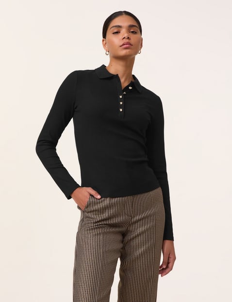 TAIFUN Damen Feines Poloshirt mit langem Arm 60cm Langarm Mit Kragen Lyocell Schwarz von Taifun