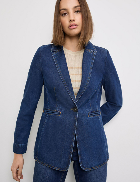 TAIFUN Damen Jeansblazer 68cm Langarm Revers Baumwolle Blau von Taifun