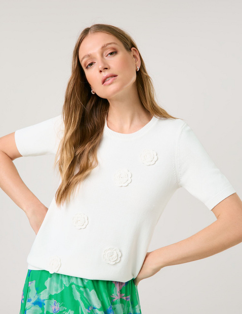 TAIFUN Damen Kurzarmpullover mit Häkel-Blumen Viskose, Weiss TAIFUN Damen Kurzarmpullover mit Häkel-Blumen Viskose, Weiss von Taifun