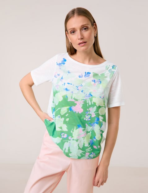 TAIFUN Damen Kurzarmshirt mit Blumen-Print 62 cm U-Bootausschnitt floral Grün von Taifun