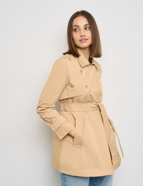 TAIFUN Damen Kurzer Trenchcoat mit Strassstein-Details 80cm Langarm Mit Kragen Verdeckte Druckknopfleiste|Bindegürtel Beige von Taifun