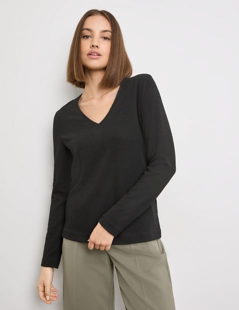 TAIFUN Damen Langarmshirt aus Struktur-Jersey 62cm V-Ausschnitt Viskose Schwarz von Taifun