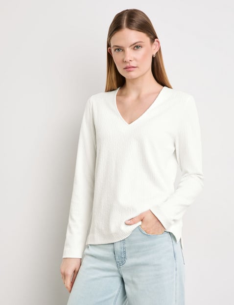 TAIFUN Damen Langarmshirt aus Struktur-Jersey Viskose 62 cm V-Ausschnitt unifarben Weiss von Taifun