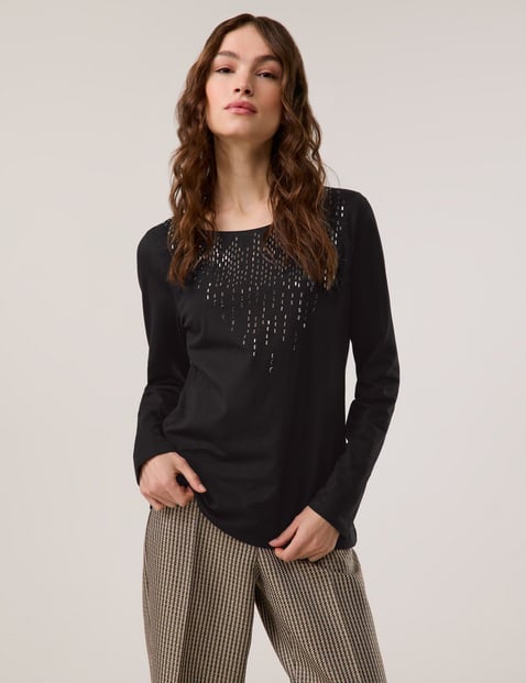 TAIFUN Damen Langarmshirt mit Glitzersteinchen Baumwolle 62 cm Shirt Rundhals unifarben Schwarz von Taifun