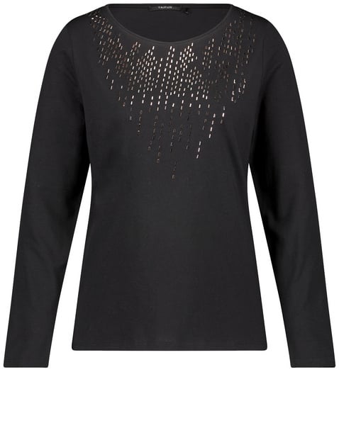 TAIFUN Damen Langarmshirt mit Glitzersteinchen 62cm Rundhals Baumwolle Schwarz von Taifun