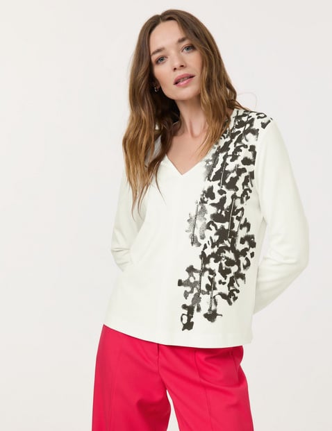 TAIFUN Damen Langarmshirt mit Print 60cm V-Ausschnitt Viskose Weiss von Taifun