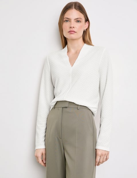 TAIFUN Damen Langarmshirt mit Struktur und Lurex 60cm Kelchkragen Weiss von Taifun