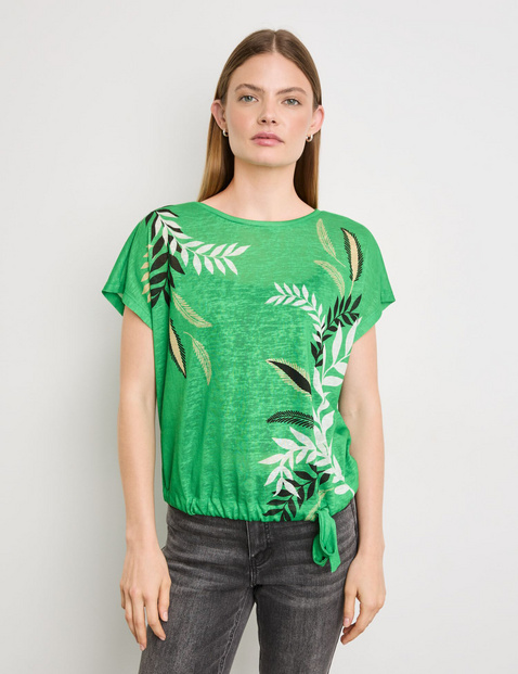 TAIFUN Damen Legeres Shirt mit Saum-Tunnelzug 58cm Kurzarm Rundhals Grün floral von Taifun