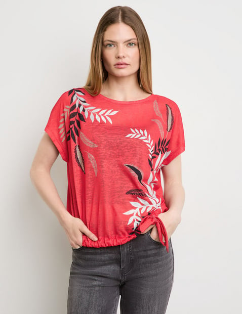 TAIFUN Damen Legeres Shirt mit Saum-Tunnelzug 58cm Kurzarm Rundhals Rot floral von Taifun