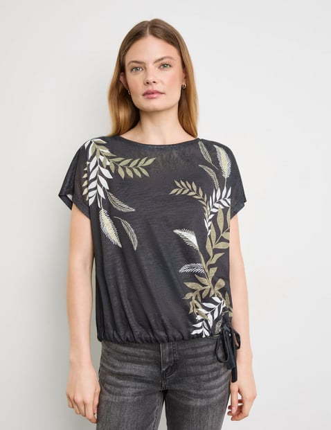 TAIFUN Damen Legeres Shirt mit Saum-Tunnelzug 58cm Kurzarm Rundhals Schwarz floral von Taifun