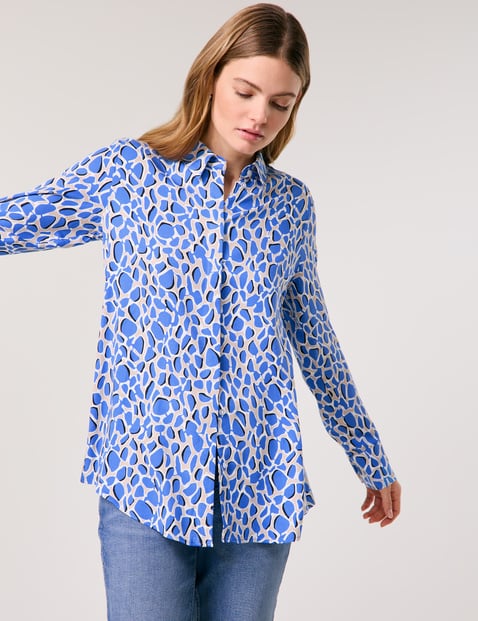 TAIFUN Damen Locker geschnittene Bluse mit Allover-Print Viskose 70 cm Hemdkragen Langarm gemustert Blau von Taifun