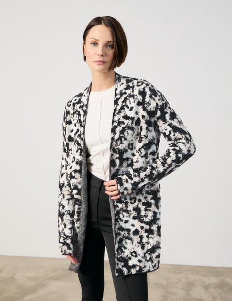 TAIFUN Damen Long-Cardigan mit Jacquardmuster 86cm Langarm Ohne Kragen Polyamid Schwarz gemustert von Taifun