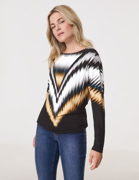 TAIFUN Damen Longsleeve mit beeindruckendem Print 62cm Langarm U-Bootausschnitt Schwarz gemustert von Taifun