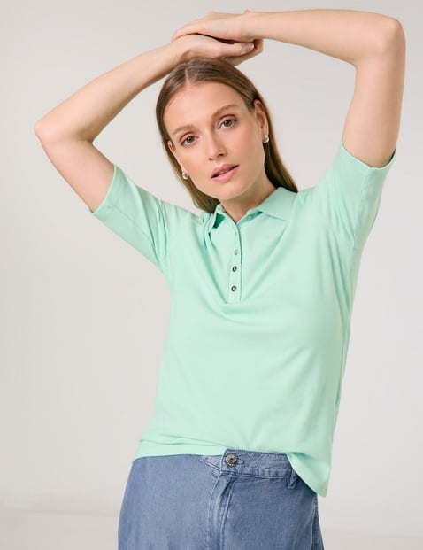 TAIFUN Damen Poloshirt aus feinem Ripp-Jersey 60 cm Polokragen Halber Arm unifarben Grün von Taifun