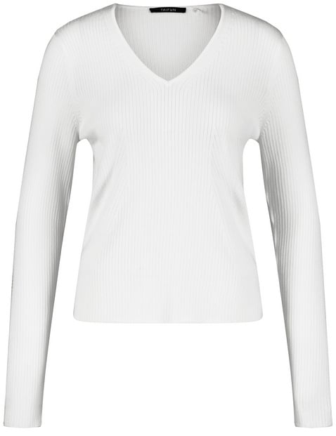 TAIFUN Damen Pullover aus feinem Rippstrick Langarm V-Ausschnitt Weiss von Taifun