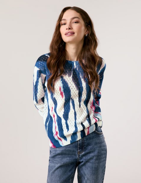 TAIFUN Damen Pullover mit Ajourmuster Langarm Rundhals, Blau gemustert von Taifun