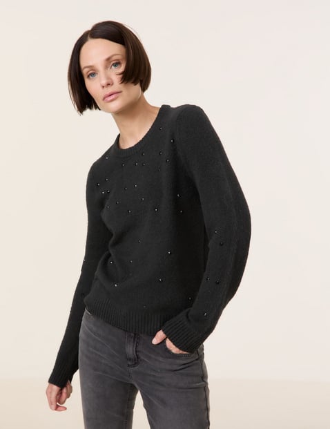 TAIFUN Damen Pullover mit Deko-Steinchen Langarm Rundhals Schwarz von Taifun