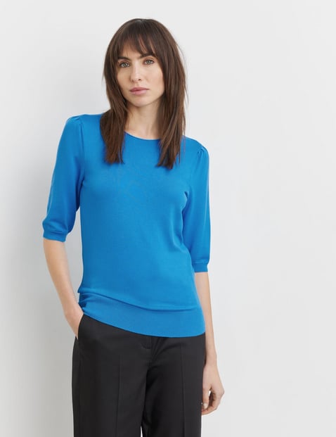 TAIFUN Damen Pullover mit Puffärmeln Halber Arm Rundhals Viskose Blau von Taifun